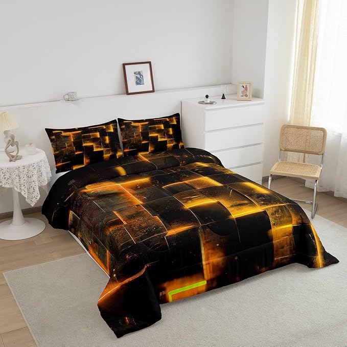 Black Orange Abstract Comforter Twin Gradient Square Twin Bedding Set, Geometric Grid Down Comforter Neon Checkered Bed Set Glowing Plaid Quilted Duvet 3D Modern Bedroom Decor 2pcs (Black Reversible)