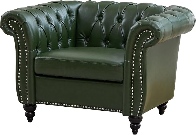 LEVNARY Chesterfield Armchair, Tufted Leather Accent Chair, Mid-Century Modern Single Chair with Rolled Arms and Nailhead Trim, PU Leather Reading Chair for Living Room (Green)