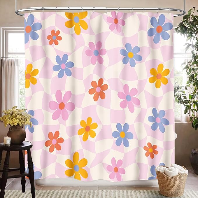Groovy 70s Shower Curtain, Retro Hippie Pink 70s Floral Flower Hippie Cute Wave Swirl Aesthetic Funky Trippy Vintage Waterproof Fabric Bathroom Shower Curtain Set with Hooks, 72"x78"