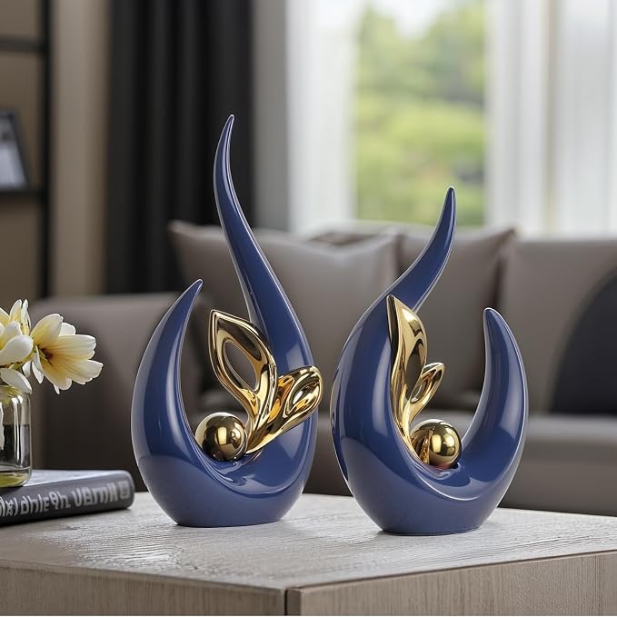 Navy Blue Gold Home Decor Accent,Abstract Ceramic Statue and Sculptures for Living Room,Mid Century Modern Decor for Desktop Bookshelf tv Stand Fireplace Coffee Table Centerpieces Decorations
