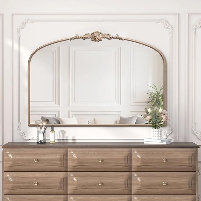 Besdomus Large Arched Vintage Mirror: 48"x33" Oversize Champagne Gold Antique Wall Mounted Mirror - Baroque Traditional Ornate for Fireplace/Bathroom/Living Room - Home Decor for Housewife