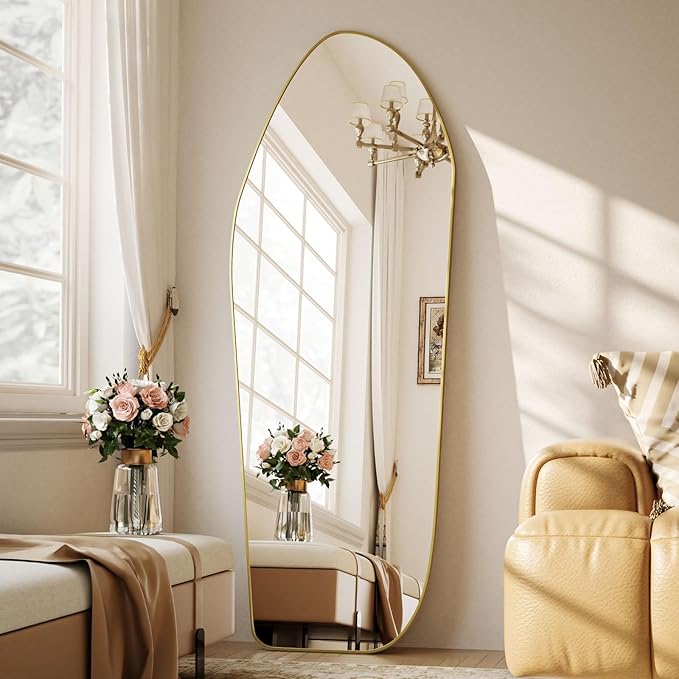 Full Length Mirror - 67"x24" Irregular Diamond Shaped Floor Mirror Aluminum Frame Floor Mirror Full Length for Bedroom Living Room Cloakroom Decor Gold