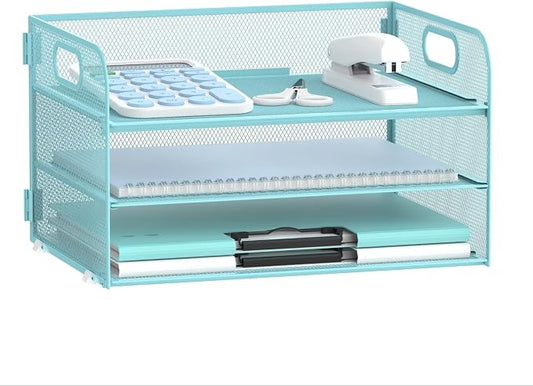 Supeasy 3 Tier Paper Organizer with Handle, Mesh Desk Organizer Letter Tray, Paper Tray File Organizer for A4 File Folder, Blue