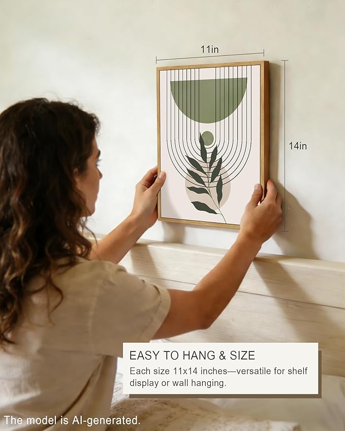 Drsoum Green Botanical Boho Wall Art Framed Modern Sage Bohemian Plant Wall Decor Abstract Geometry Lines Prints Ready to Hang 11x14in Natural Framed