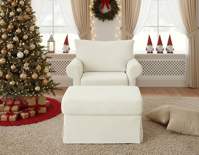 35.8" Chenille Accent Chair with Ottoman Set, Comfy Upholstered Armchair with Rolled Arms, Modern Single Reading Chair for Living Room, Bedroom, Apartment, White