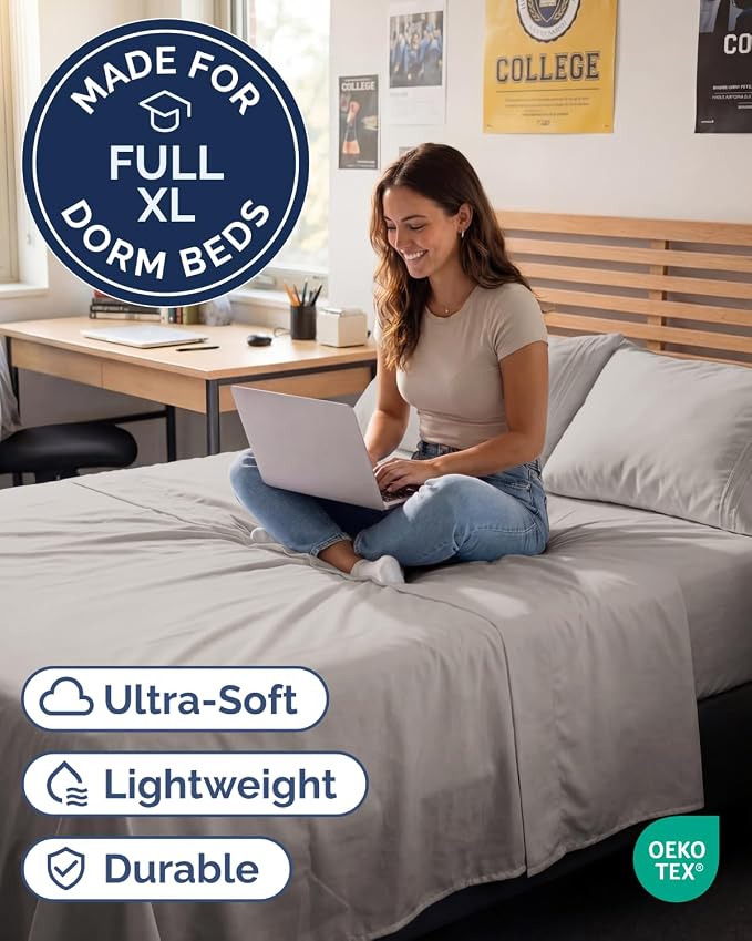 Full XL Bed Sheet - 4 Piece Full XL Bed Sheets Set - Ultra-Soft, Breathable & Cooling - Hotel Luxury Bedding for Women & Men with Deep Pockets - Wrinkle Free & Fade Resistant - Oeko-Tex - Light Grey