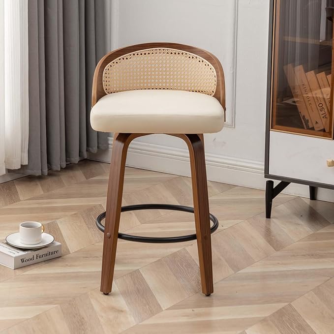 26" Swivel Rattan Bar Stools,Mid-Century Modern Beige Leather Upholstered Counter Height Stools,Kitchen Island Barstools with Rattan Low Backrest,Walnut Wood Finish Bar Chair,1PCS