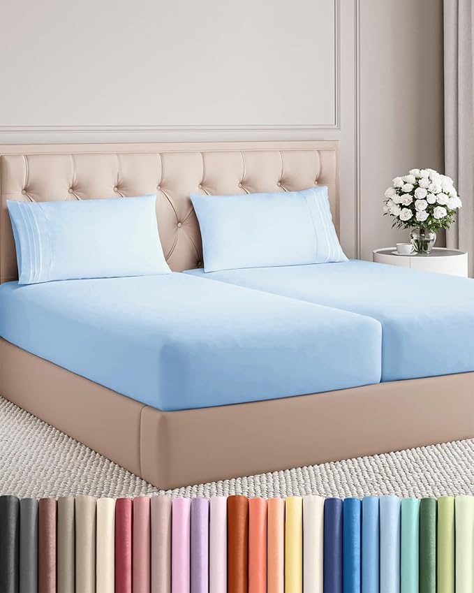 Split King Size 5 Piece Sheet Set - Comfy Breathable & Cooling Sheets - Hotel Luxury Bed Sheets for Women & Men - Deep Pockets, Easy-Fit, Soft & Wrinkle Free Sheets - Light Blue Oeko-Tex Bed Sheet Set
