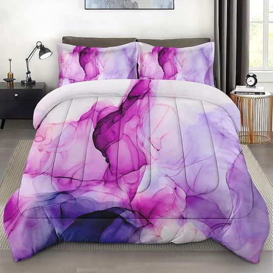 Comforter Set with Pillowcase Twin Size, Blue Purple Lavender Marble, Bed Decor Pink Watercolor Smoke Abstract Shapes for Kids and Adults, Soft Cozy Bedroom Bedding Set