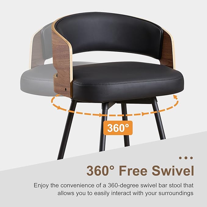 Swivel Bar Stools Set of 4, 26" Counter Height Bentwood Barstool, Upholstered Faux Leather Barstools with Walnut Back, Mid Century Modern Bar Chairs for Kitchen Island, Bar