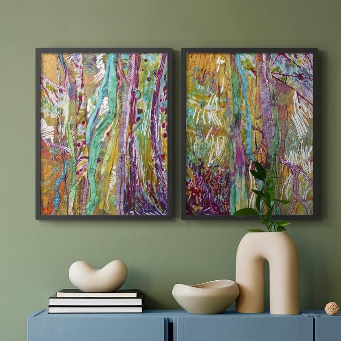 Renditions Gallery Set of 2 Peel & Stick Framed Prints, Modern Abstract Wall Art, Colorful Artistic Painting Wall Decor, Re-Stickable - Ready to Hang - 16"x20" - Black Frame LT588