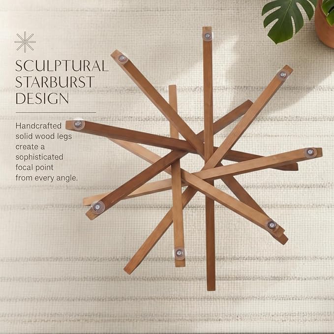 Round Glass Coffee Table-Mid Century Modern Circle Coffee Table with Unique Solid Wood Mortise Interlocking Starburst Legs Design for Living Room,Office,Hotel Lobby,Commercial Environments