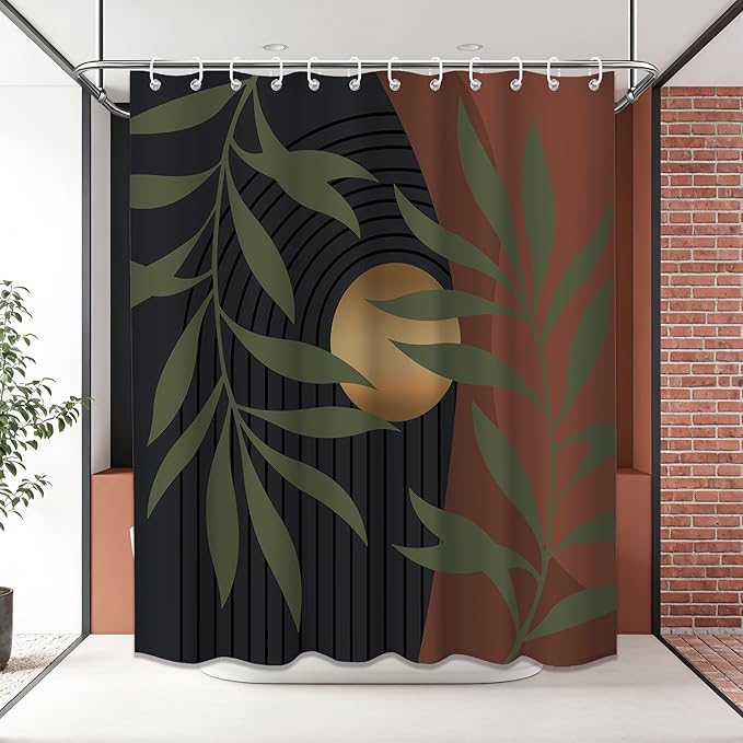 Boho Orange Shower Curtain, Mid Century Modern Green and Orange Shower Curtains for Bathroom, Waterproof Fabric Set with Hooks, 70" W x 72" L