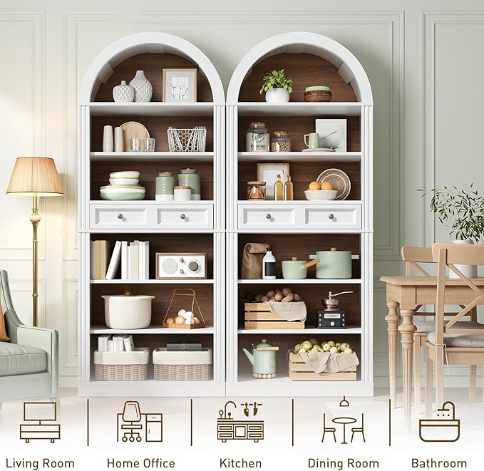 RALGEND Arched Bookshelf, 73" Tall Arch Bookcase with Drawer, 6-Tier Farmhouse Book Shelf, Wooden Bookshelf with Open Display Shelves for Living Room, Office, Adjustable Shelf, Walnut and White