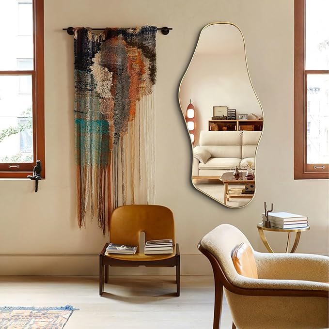 Gold Irregular Mirror, 40"x18" Asymmetrical Mirrors with Metal Frame, Unique Shaped Mirror Decorative, Modern Abstract Mirrors for Living Room Bathroom Bedroom Hallway Entryway Fireplace