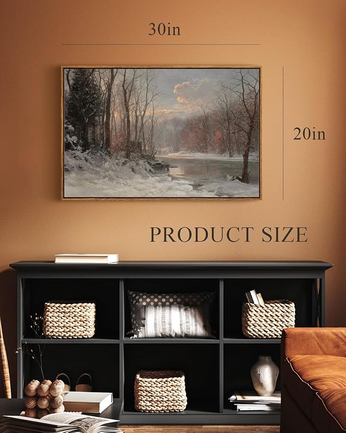 ARPEOTCY Vintage Framed Canvas Wall Art, Christmas Wall Art, Snow Straem River Tree Cloud Farmhouse Landscape Art Hanging Paintings for Living Room Bathroom Bedroom, 20x30 Inch