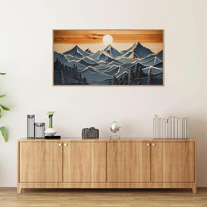 Tinonedraw Large Mountains Framed Canvas Wall Art, Boho Nature Woodcut Forest Art Prints, Mid Century Modern Wall Decor, Sunset Landscape Art Paintings for Living Room Bedroom Office 20"x40"