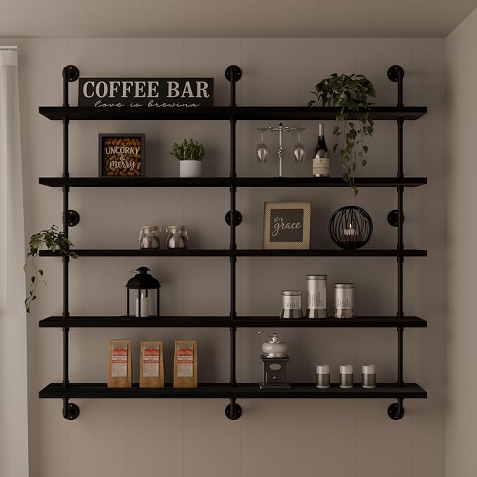 HDDFER Floating Shelves for Wall Bookshelf Industrial Pipe Shelving Shelves 60 Inch 5 Tier Natural Wood Planks Rustic Wall Shelves Hanging Bookshelves Farmhouse Kitchen Shelving