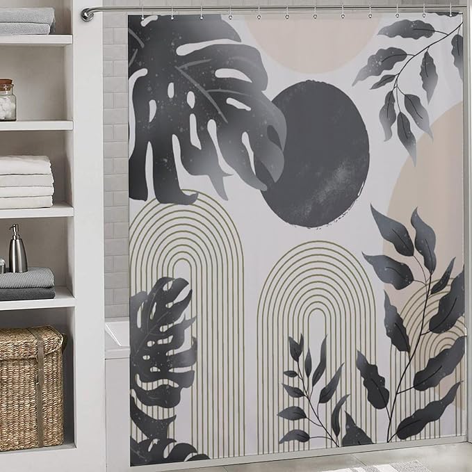 Mid Century Leaf Shower Curtains,Boho Grey Tropical Plant Palm Leaves Abstract Minimalist Geometic Modern Bathroom Curtain Waterproof Fabric Machine Washable with Hooks,72x72Inch