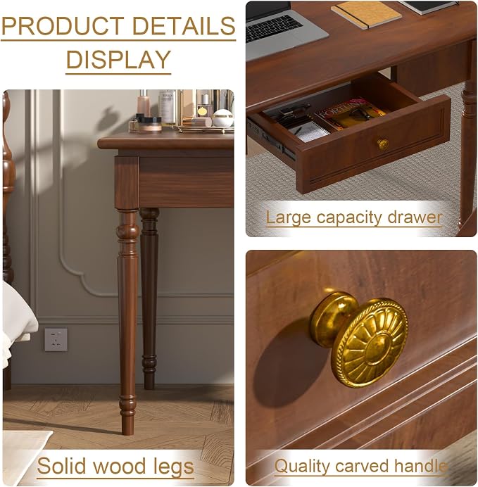Solid Wood French Country Desk,Writing Desk with Storage Drawers,Farmhouse Computer Table Makeup Table Modern Simple Style,for Home Office Living Room Study Workspace Bedroom (Walnut, 31.5IN)