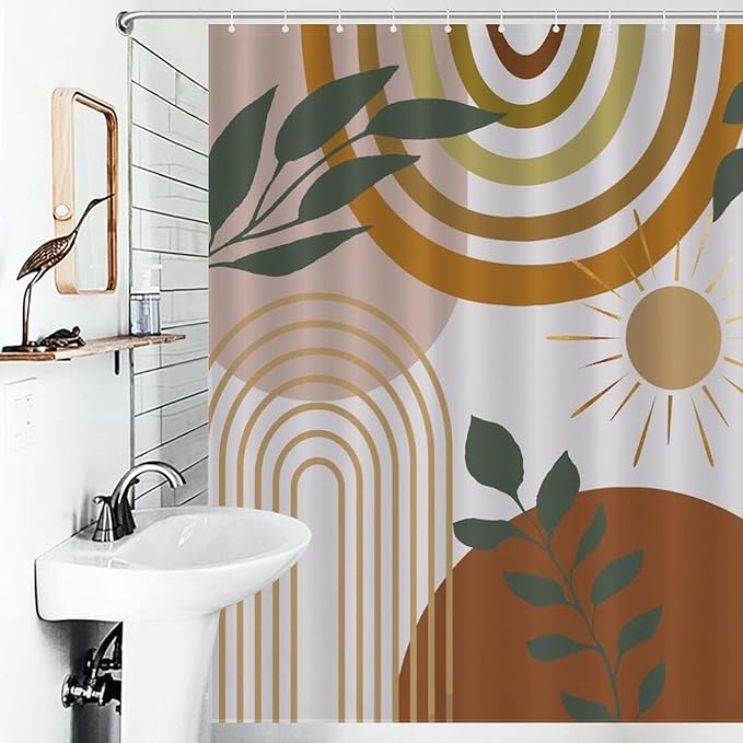 Mid Century Shower Curtain,Boho Modern Abstract Minimalist Gold Sun Bathroom Curtain Polyester Waterproof Fabric Decor 66x72in（168x183cm）