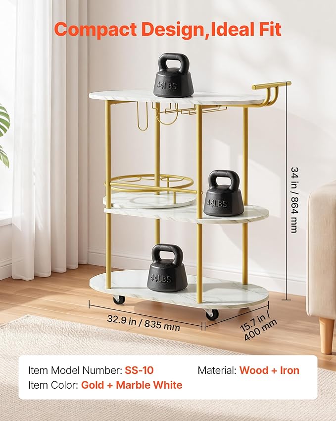 VEVOR Bar Cart, 3 Tiers Home Kitchen Serving Carts, Modern Round Rolling Utility Station on Wheels, Mobile Drink Beverage Trolley w/Wooden Shelf, Wine Rack, Glass Holder, for Living Dining Room, Gold
