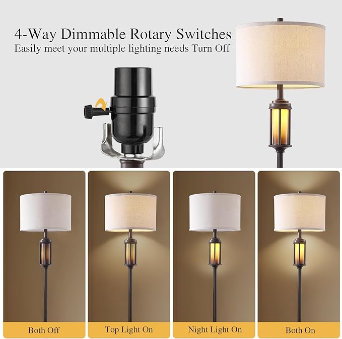 65'' Farmhouse Floor Lamp for Living Room Bedroom with 2 Light Sources, Rustic Vintage Tall Standing Lamp with Amber Nightlight for Home Office Corner, Bulbs Included