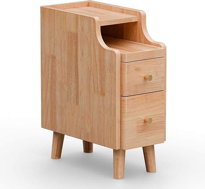 Narrow Nightstand with Drawers, 19.7" H Pre-Assembled Solid Wood Small Skinny Night Stand with Open Sliding Shelf, Mid Century Modern Slim Bedside Table for Bedroom, End Side Table, Natural Oak