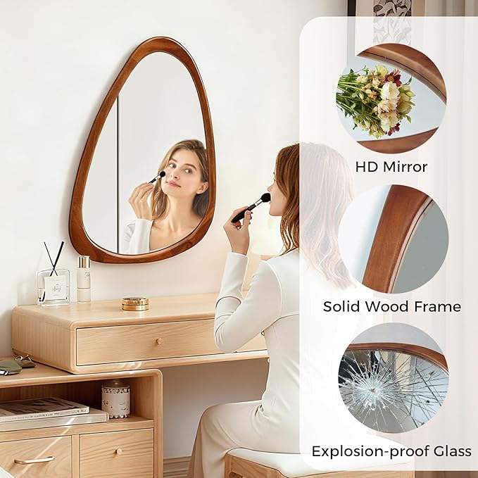 Asymmetrical Mirror, 30"x20" Unique Irregular Wall Mirror, Wood Mid Century Modern Mirror Decor for Bathroom Bedroom Living Room Entryway Hallway (Natural Wood)