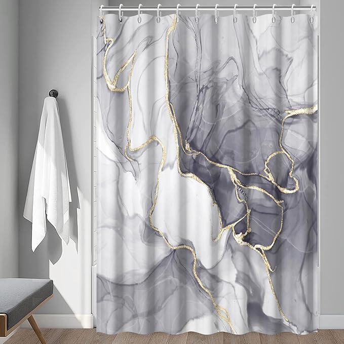 Grey Shower Curtain, Ombre Light Grey Marble Shower Curtain Set Modern Aesthetic Gray Ink Texture Waterproof Bathroom Curtain with Hooks, 72x72 Inch