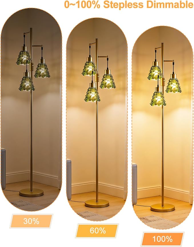 3-Light Modern Glass Floor Lamp, Gold Standing Tall Lamp with Green Pinecone Glass Shade for Reading, Dimmable LED Floor Lamp with 5Lbs Heavy Base for Living Room Bedroom Home Decor, Bulb Included