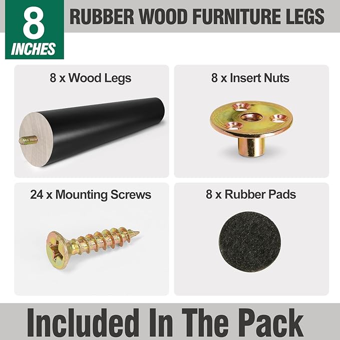 FoDau770 Black Rubber Wood Furniture Legs 8 Inches, Slant Tapered Wood Feet Mid Century Sofa Legs Set of 8, 5/16" UNC Furniture Feet Replacement Parts for Cabinet Couch Dresser Chair Ottoman Table