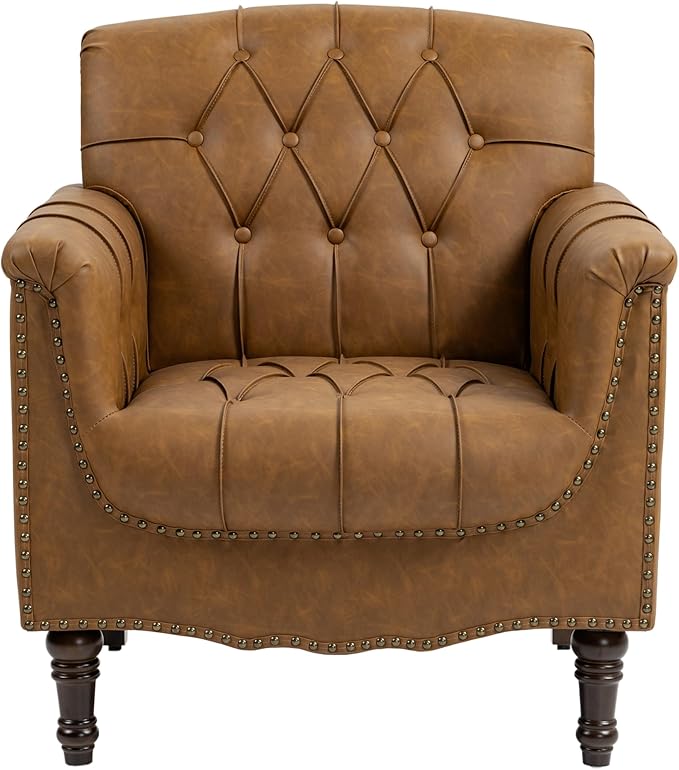 Faux Leather Accent Chairs Set of 2, Comfy Club Chair Upholstered Armchair for Living Room, Button Tufted Arm Chair Retro Single Sofa Side Reding Seat for Bedroom - Camel