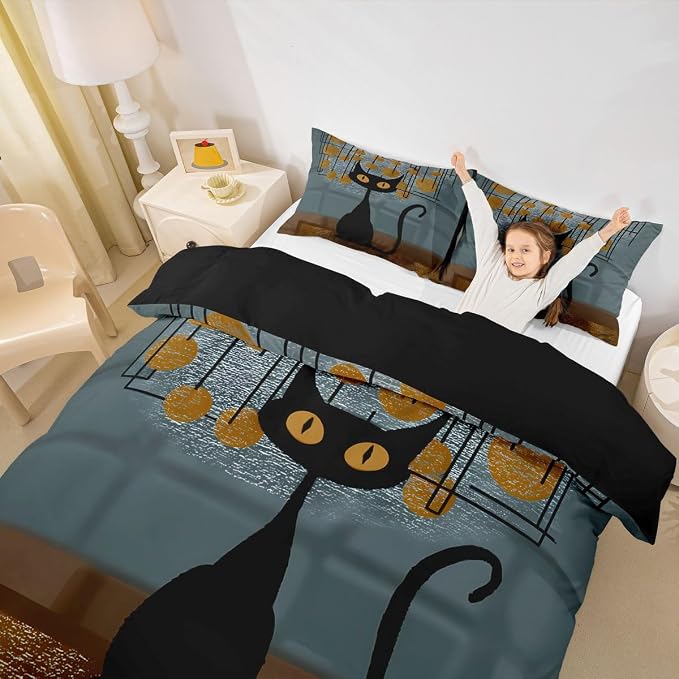 Erosebridal Black Cat Duvet Cover King Abstract Minimalist Geometric Bedding Set Modern Aesthetic Comforter Cover for Kids Girls Boys Adults Cartoon Animals Bed Set