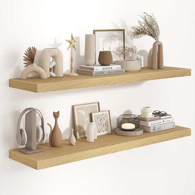 48"W x 9.3"D Floating Shelves for Wall, Wall Mounted Bathroom Shelves 2 Pack Deep Floating Shelf for Bedroom Kitchen Living Room, Rustic Wooden Wall Shelf with Invisible Bracket for Books Decor