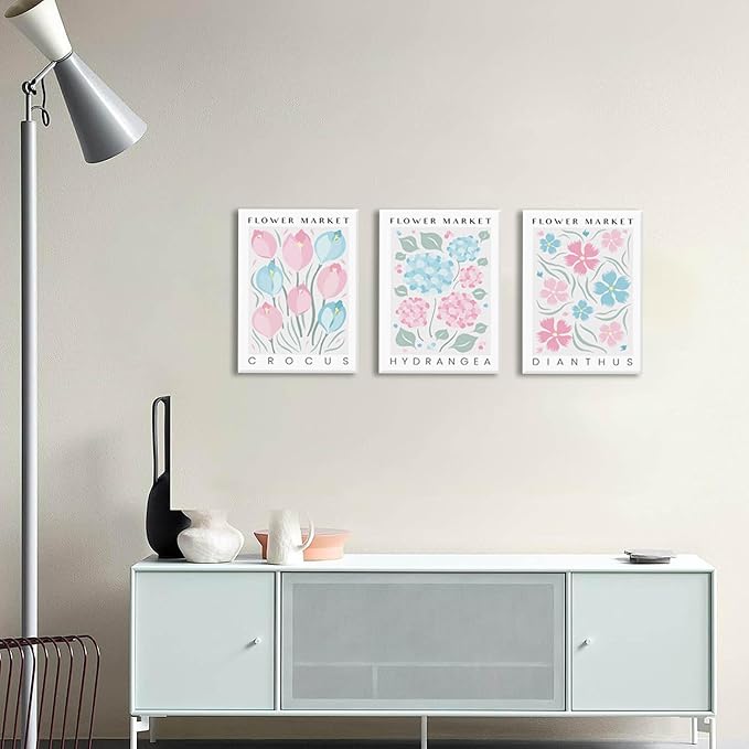 BingruiArt Flower Market Wall Art Pink and Blue Canvas Boho Floral Wall Decor Botanical College Coquette Girly Preppy Posters Prints Pictures for Apartment Batroom Bedroom Dorm Room 3Pcs 12"x16" Framed