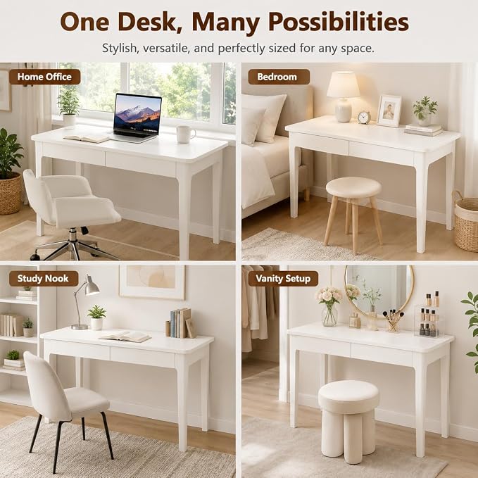 Mid Century Modern Desk with Drawers,39.4 inch Solid Wood White Writing Desk for Home Office Bedroom,Small Computer Desk for Spaces Easy Assembly