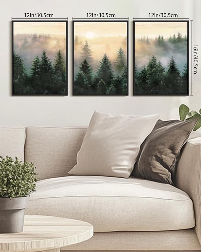 KUVIOKE Sun Dawn Fog Pine Tree Framed Wall Art Morden Nature Nordic Forests Artwork Bedroom Decor 12x16in (Black Framed)