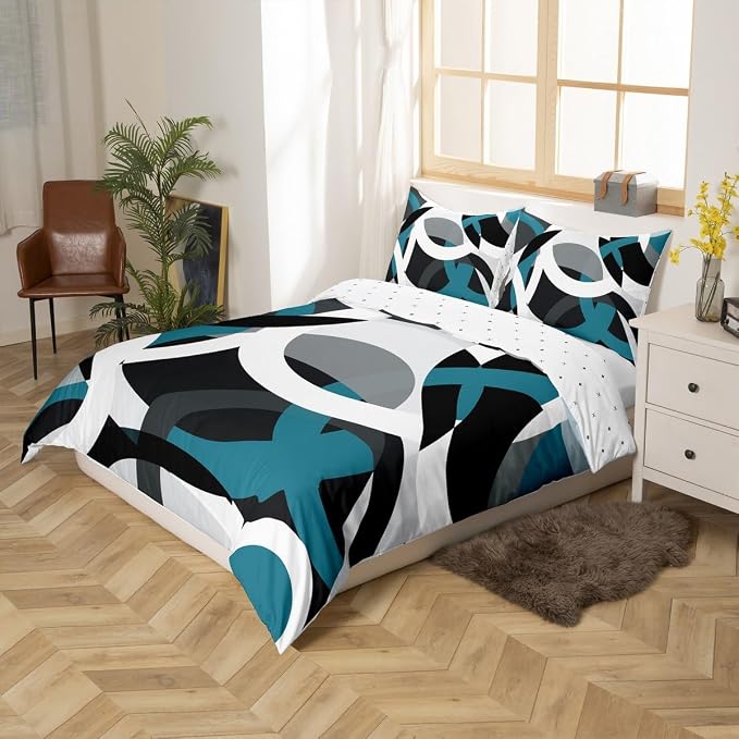 Geometric Circle Duvet Cover Modern Retro Grommet Bedding Set for Kids Boys Girls Geometrics Swirls Comforter Cover Grey Blue Black Decor Abstract Stripe Line Bed Set Full Size Zipper (No Comforter)