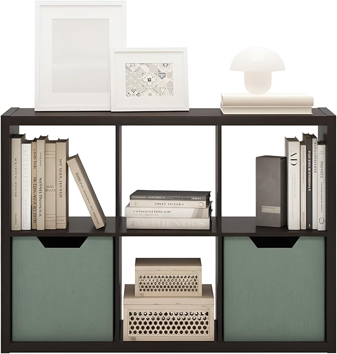 Furinno Cubicle Book Shelf, 6-Cube Bookshelf, Extra Thick Frame Horizontally & Vertically Reversible Bookcase with Open Back, 14.6" x 44" x 30", for Living Room, Bedroom, Home Office, Black Dark Oak