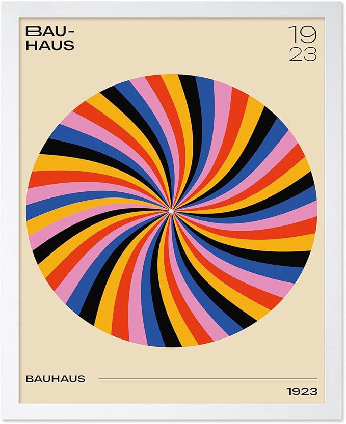 Poster Master Bauhaus Poster - Spiral Colors Print - Geometric ART - Abstract ART - Psychedelic Style - Chic Boho - Mid Century Modern - Living Room or Bedroom Decor - 8x10 White Framed