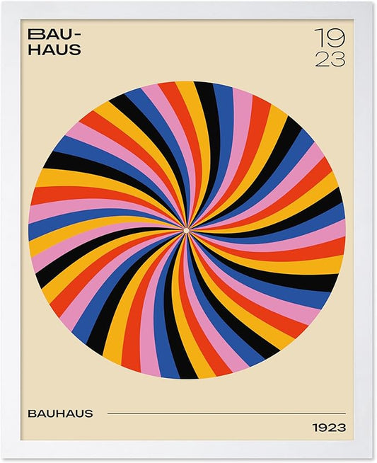 Poster Master Bauhaus Poster - Spiral Colors Print - Geometric ART - Abstract ART - Psychedelic Style - Chic Boho - Mid Century Modern - Living Room or Bedroom Decor - 16x20 White Framed