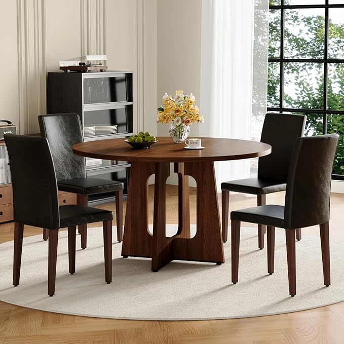 47" Round Dining Table Set for 4, Walnut Wood Grain Table and 4 Black PU Leather Upholstered Chairs Set, Mid Century Modern Kitchen Table Set with Cross Legs