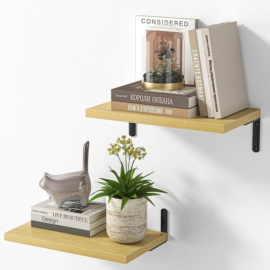 Marsmiles Extra Wide Floating Shelves for Wall, 16x8 Inch Natural Wood Grain Bookshelves, Heavy Duty Mounted Shelving for Bathroom, Kitchen, Living Room, Bedroom,Set of 2，Oak