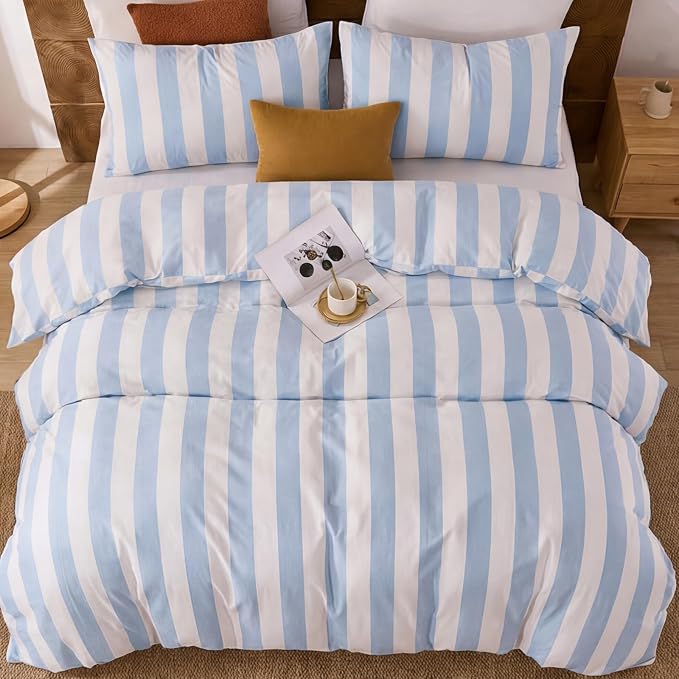 Merryword Blue and White Striped Duvet Cover Set King Size, 100% Cotton Bedding Set with Zipper Closure & 8 Corner Ties, Luxury Linen Like Bedding, Soft Breathable Comforter Cover for All Seasons