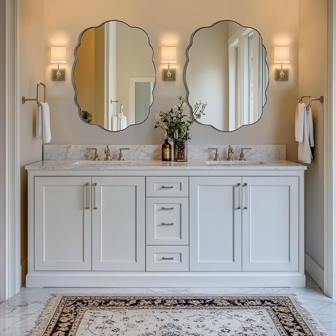 ANDY STAR Brushed Nickel Wavy Oval Bathroom Mirror, 30x40 Inch Silver Scalloped Mirror for Bathroom, Unique Irregular Wall Mirror with Sophisticated Curved Design