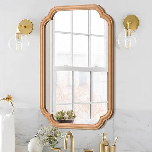 Wood Mirror for Bathroom, 20" x 30" Rectangular Wall Mirror for Bathroom Vanity with Wooden Frame Farmhouse Rounded Corner Wall Mirror Decor (Horizontal/Vertical)