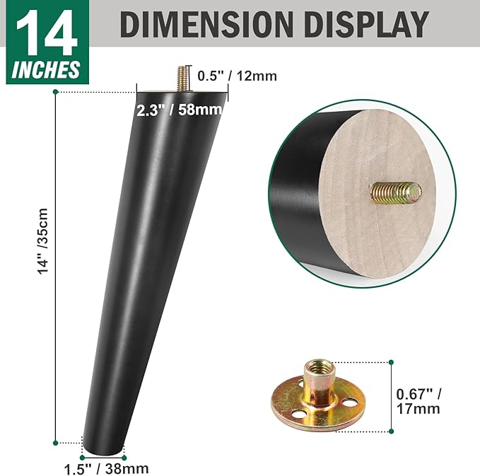 FoDau770 Black Rubber Wood Furniture Legs 14 Inches, Slant Tapered Wood Feet Mid Century Sofa Legs Set of 4, 5/16" UNC Furniture Feet Replacement Parts for Cabinet Couch Dresser Chair Ottoman Table