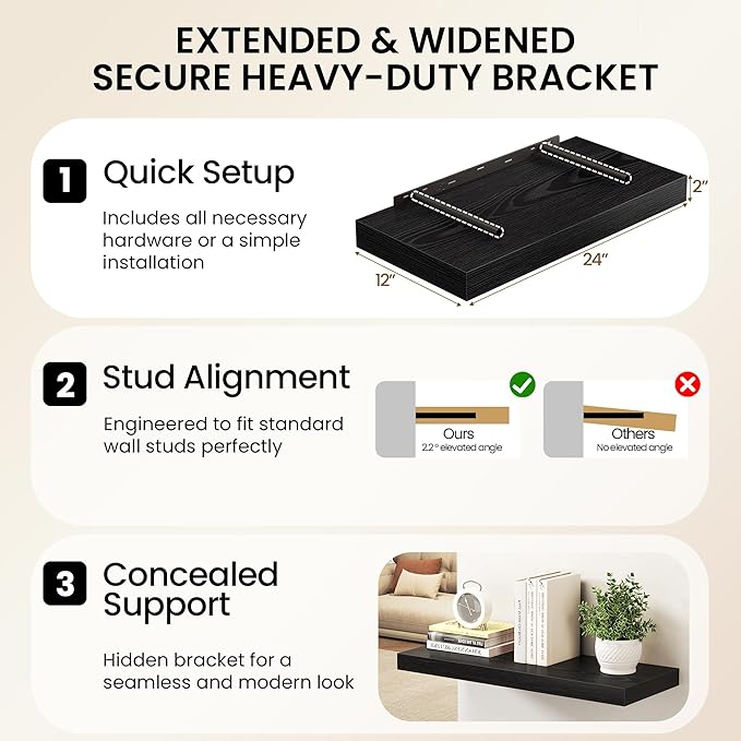 Fun Memories 12 Inch Deep Black Floating Shelf, 24 x 12 Rustic Wood Wall Shelf for Books, 2" Thick Deep Floating Shelf for Storage & Display in Kitchen, Living Room, Bedroom, 2 Packs