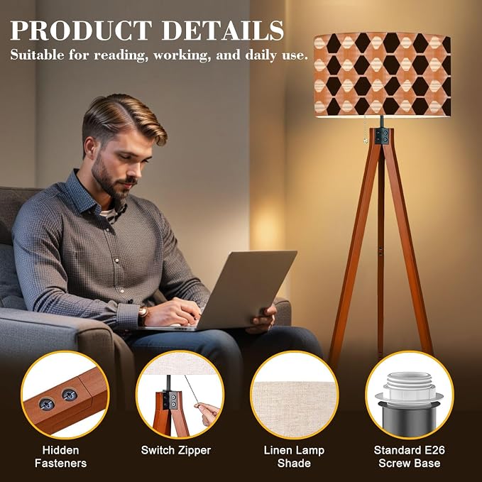 Wood Tripod Floor Lamp Retro seamless pastel brown white elongated diamonds mid century Mid Century Standing Lamp Linen Shade Dimmable Modern Tall lamp Home Decor for Living Room Bedroom Office